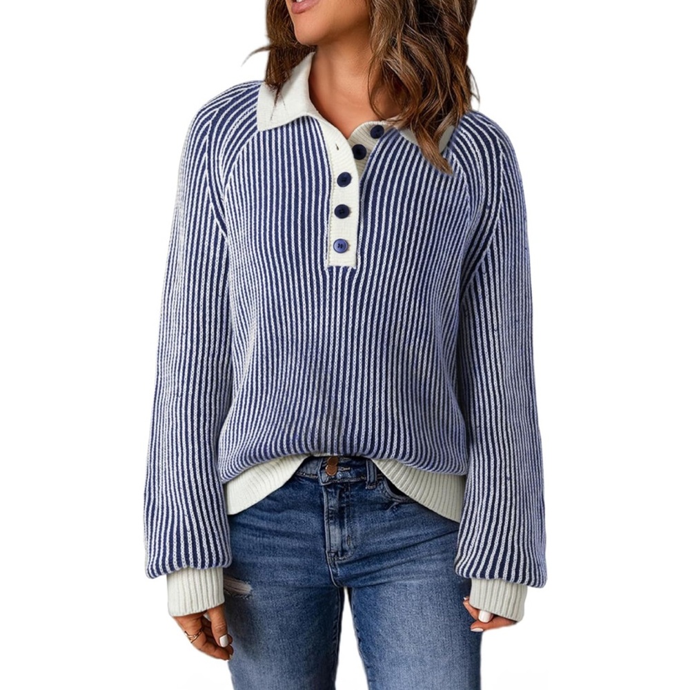 SHEWIN Womens Casual Polo V Neck Long Sleeve 1/4 Button Down Striped Sweater